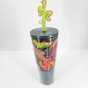 Starbucks Christmas Green Gift Wrap Ribbon & Ornaments Straw Topper Tumbler NWT